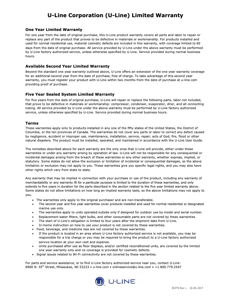 Page 1 de la notice Informations de garantie U-Line ULN-BI95FCB