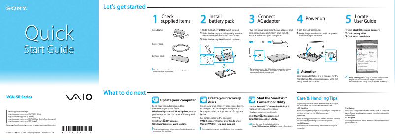 Page 1 de la notice Guide d'installation Sony Vaio VGN-SR525G