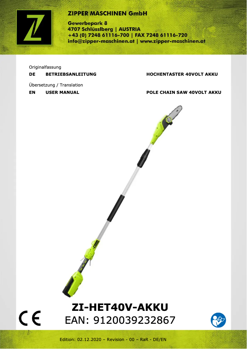 Page 1 de la notice Manuel utilisateur Zipper ZI-HET40V-AKKU