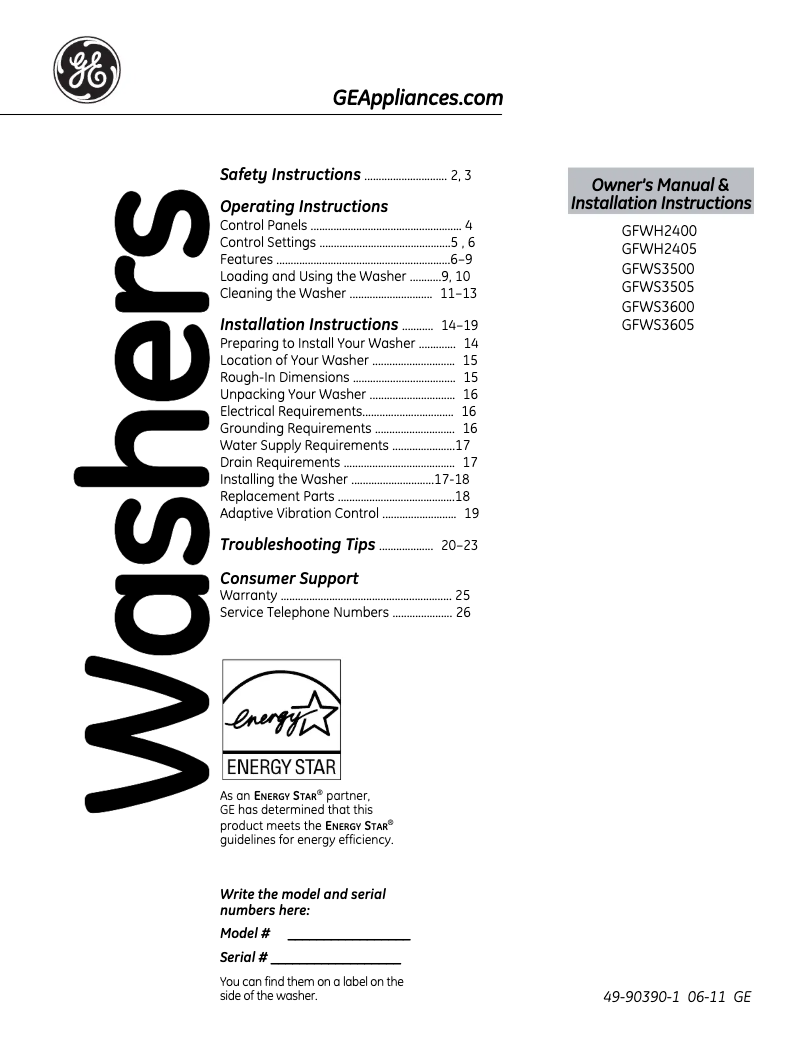 Page 1 de la notice Guide d'installation GE GFWH2405LMV