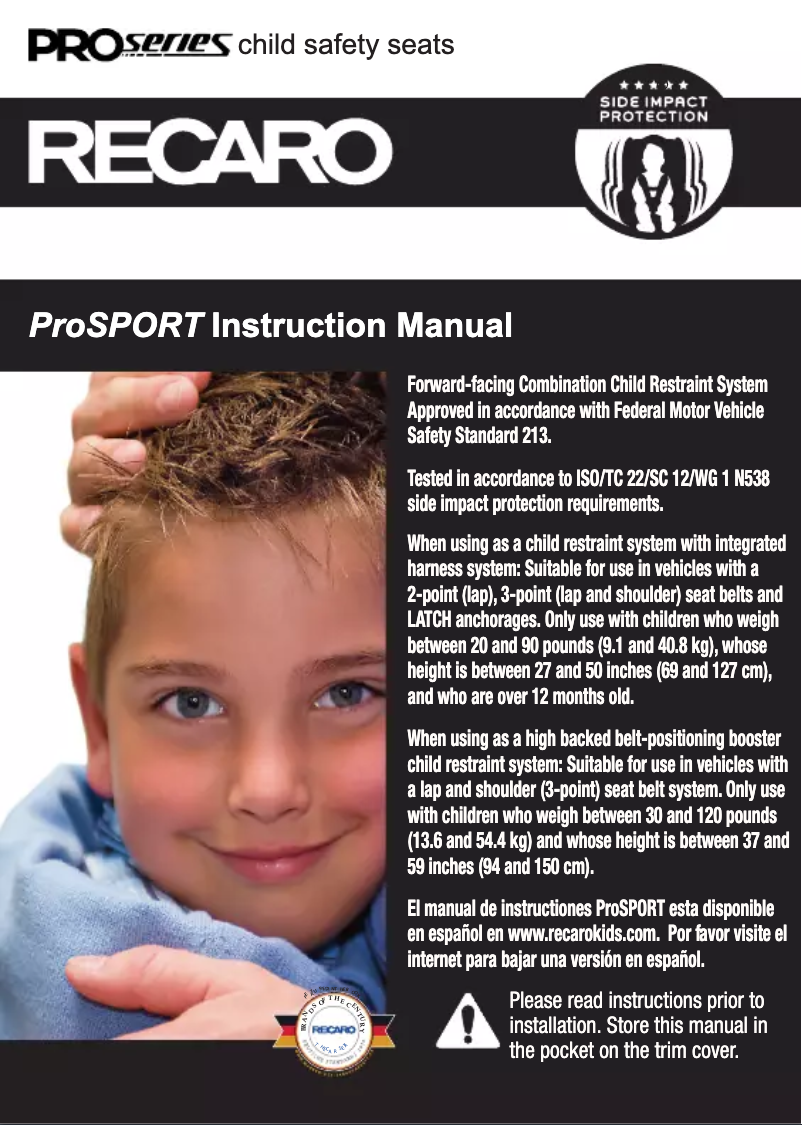 Page 1 of the manual User Manual Recaro ProSPORT