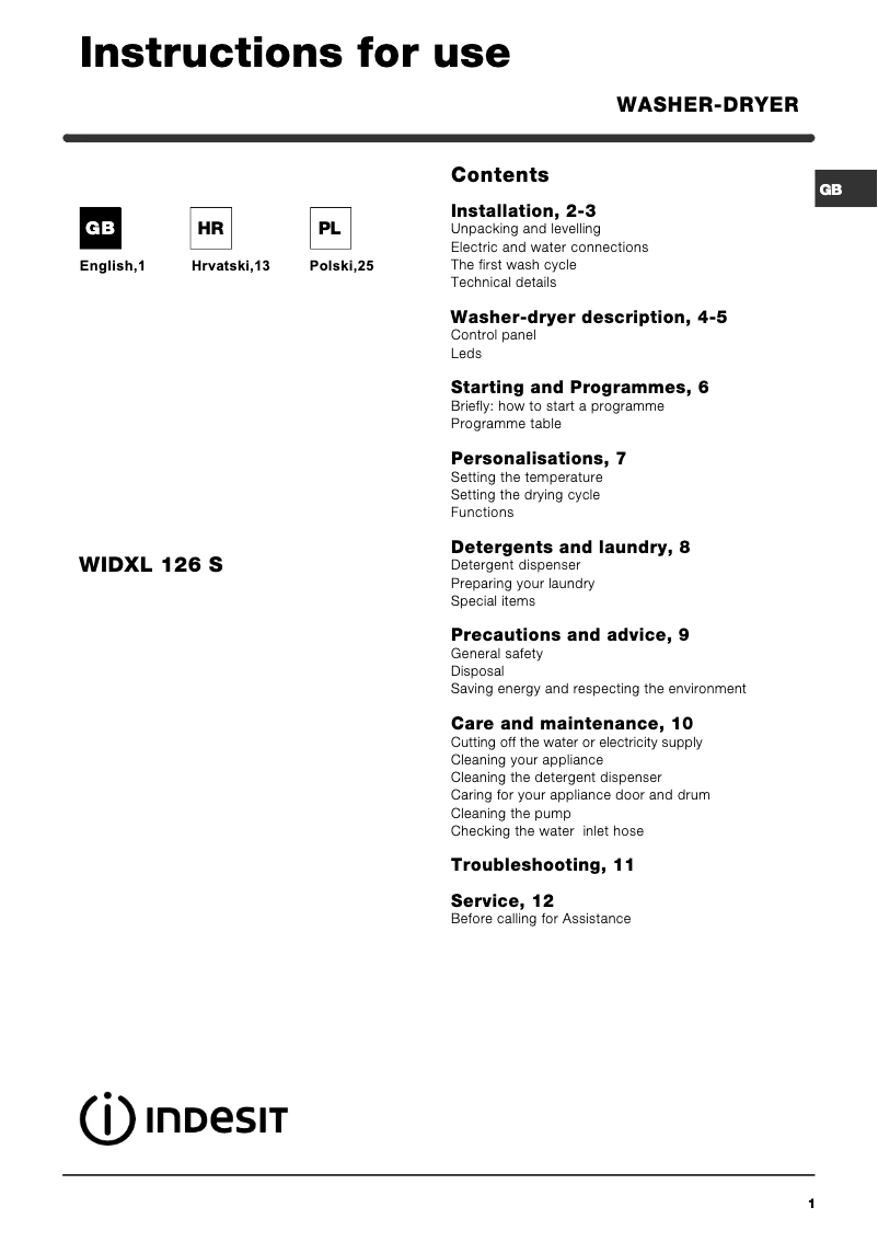 Page n°1 - Manuel utilisateur Indesit WIDXL 126 S
