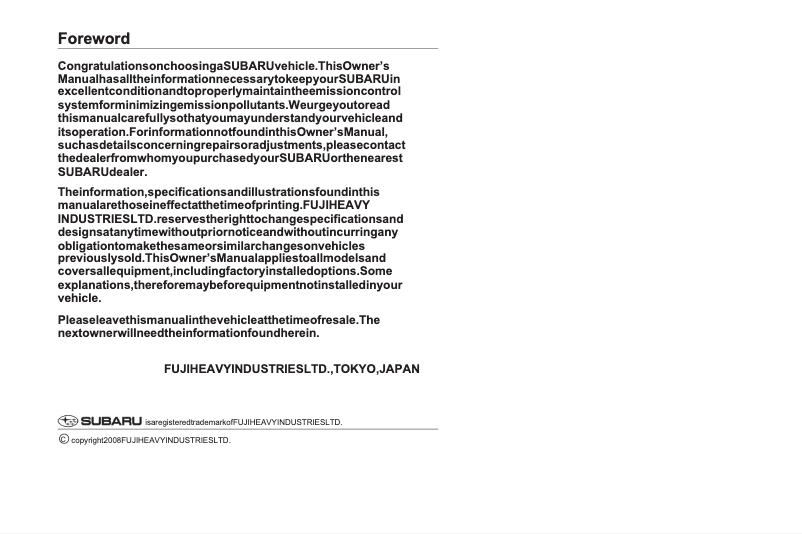 Page 1 de la notice Manuel utilisateur Subaru Legacy (2009)