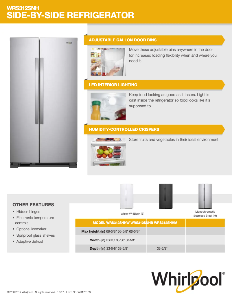 Page 1 de la notice Fiche technique Whirlpool WRS312SNHW