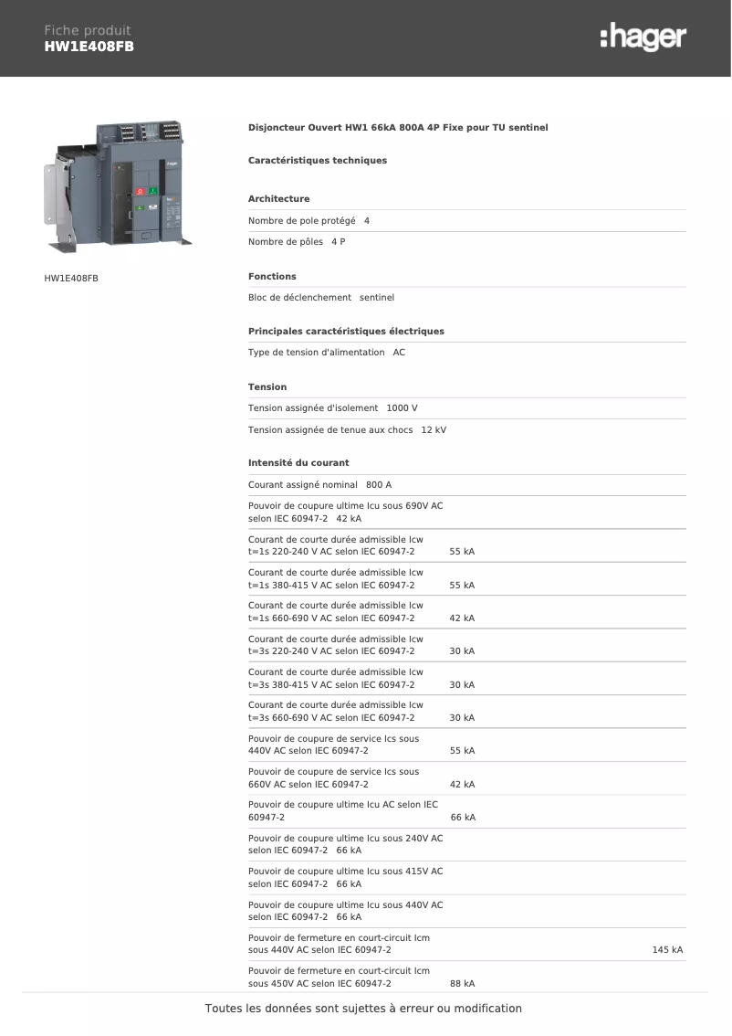 Image de la première page du manuel de l'appareil HW1E408FB