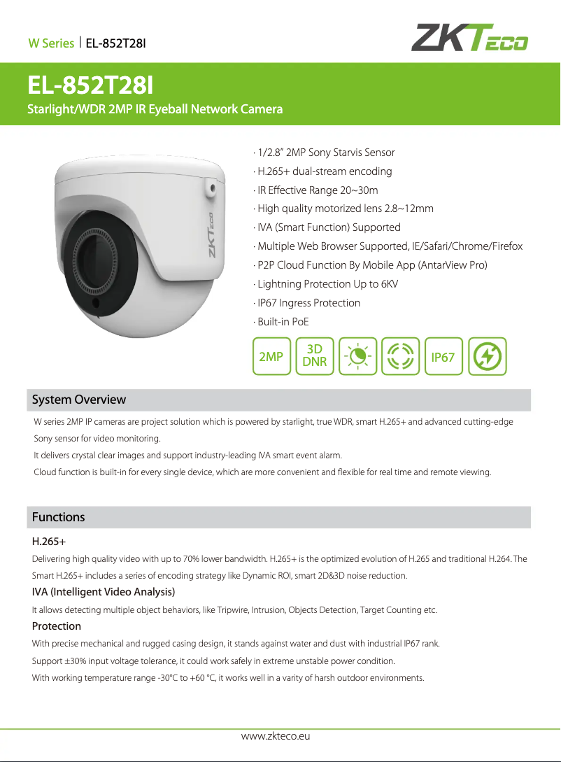Page 1 de la notice Manuel utilisateur ZKTeco EL-852T28I