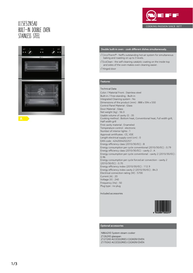 Page 1 de la notice Fiche technique Neff U15E52N5AU
