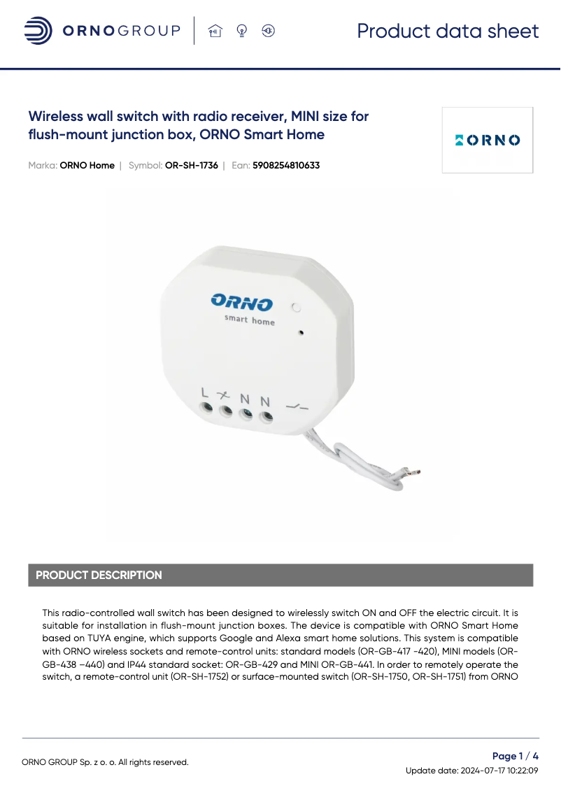 Page 1 of the manual Technical Sheet ORNO OR-SH-1736