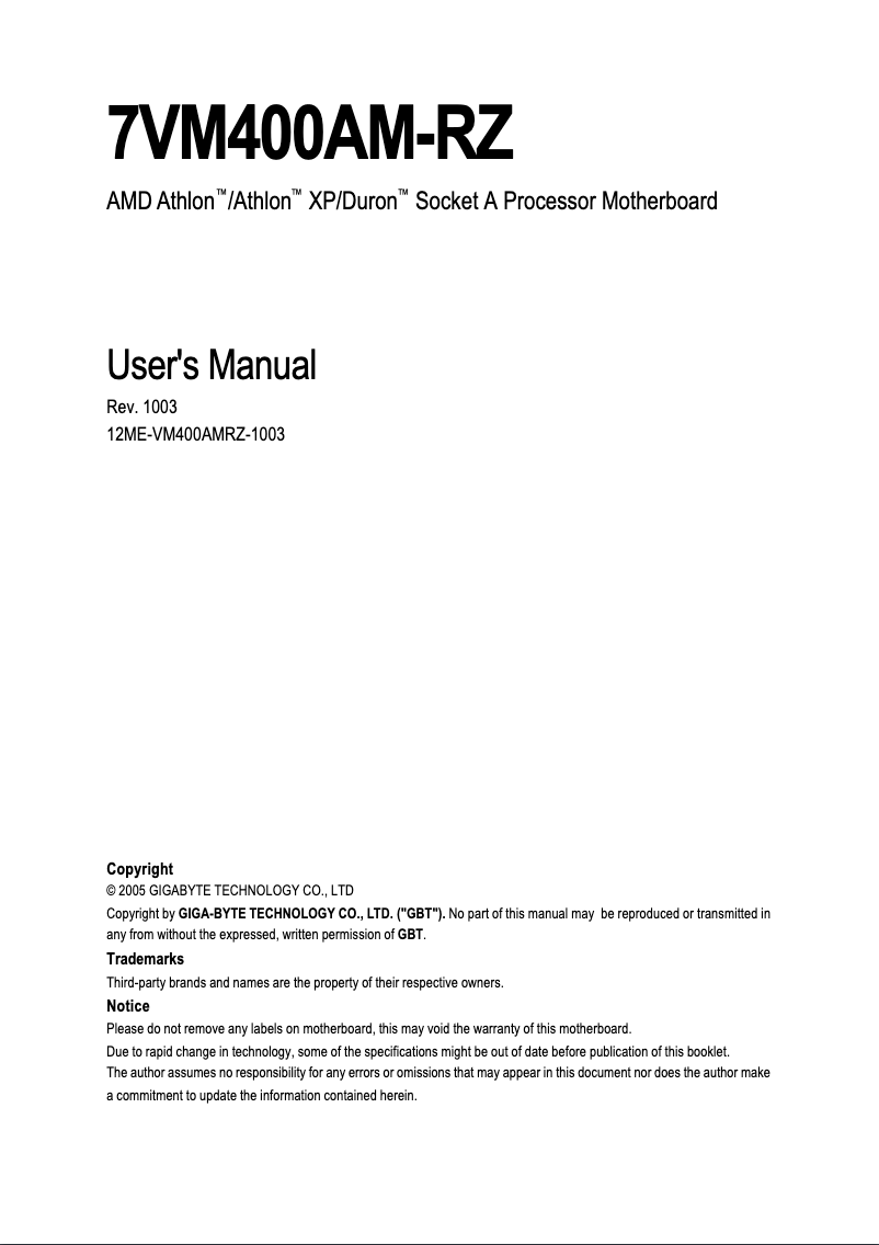 Page n°1 - Manuel utilisateur Gigabyte 7VM400AM-RZ
