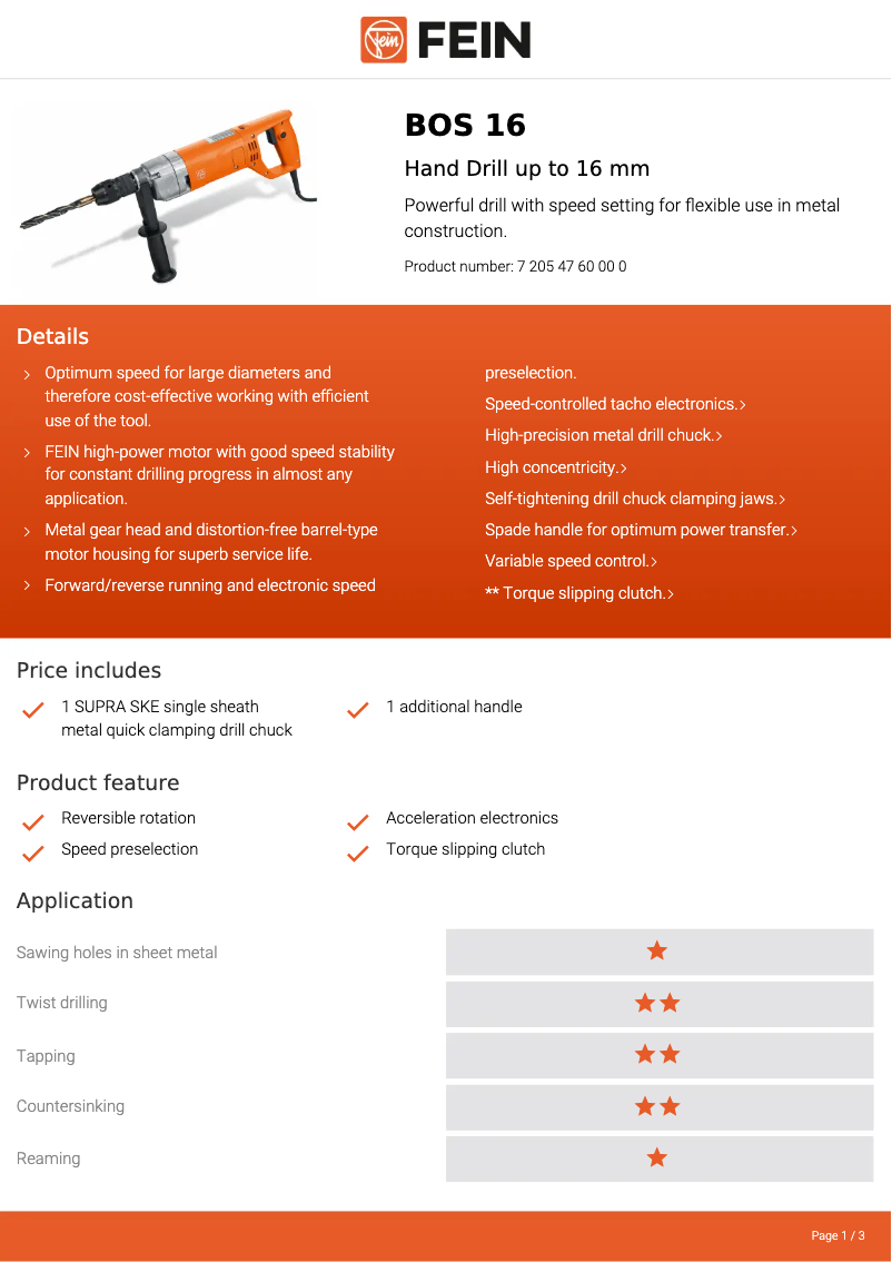 Page 1 de la notice Fiche technique Fein BOS 16
