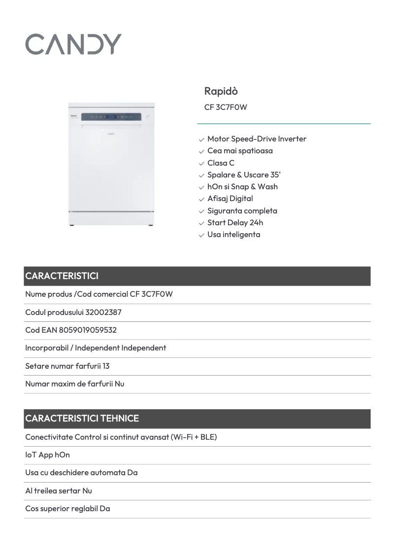 Page 1 de la notice Fiche technique Candy CF 3C7F0W