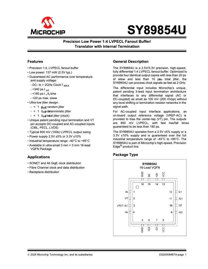 Page 1 de la notice Fiche technique Microchip SY89854U