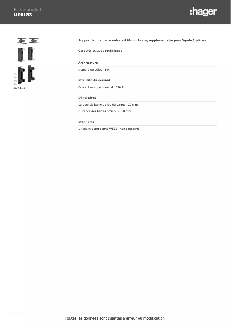 Page n°1 - Manuel utilisateur Hager UZ61S3