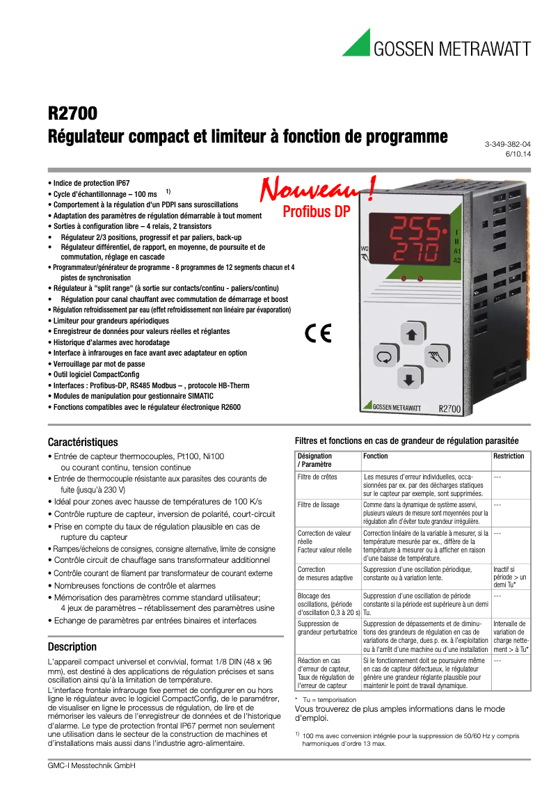 Page 1 de la notice Fiche technique Gossen Metrawatt R2700