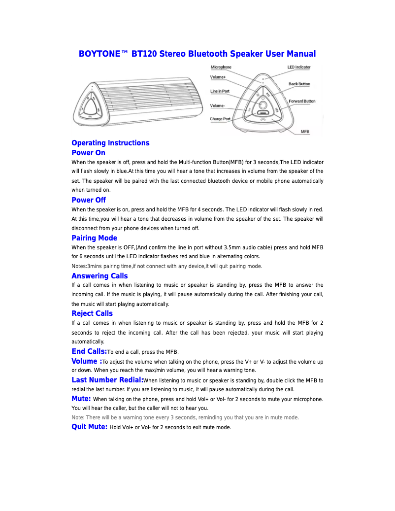 Page n°1 - Manuel utilisateur Boytone BT120