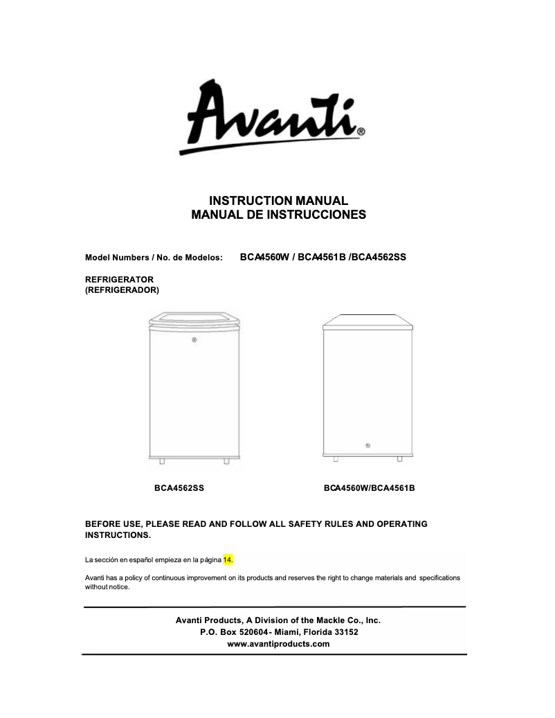 Page 1 de la notice Manuel utilisateur Avanti BCA5102SS