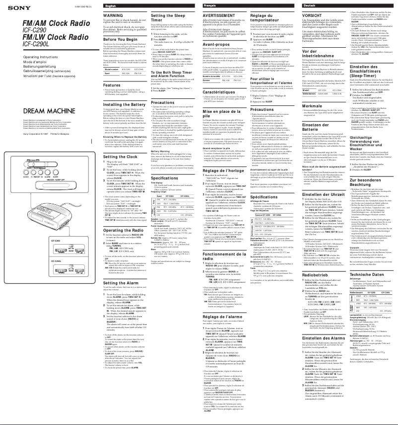 Page 1 de la notice Manuel utilisateur Sony ICF-C290L