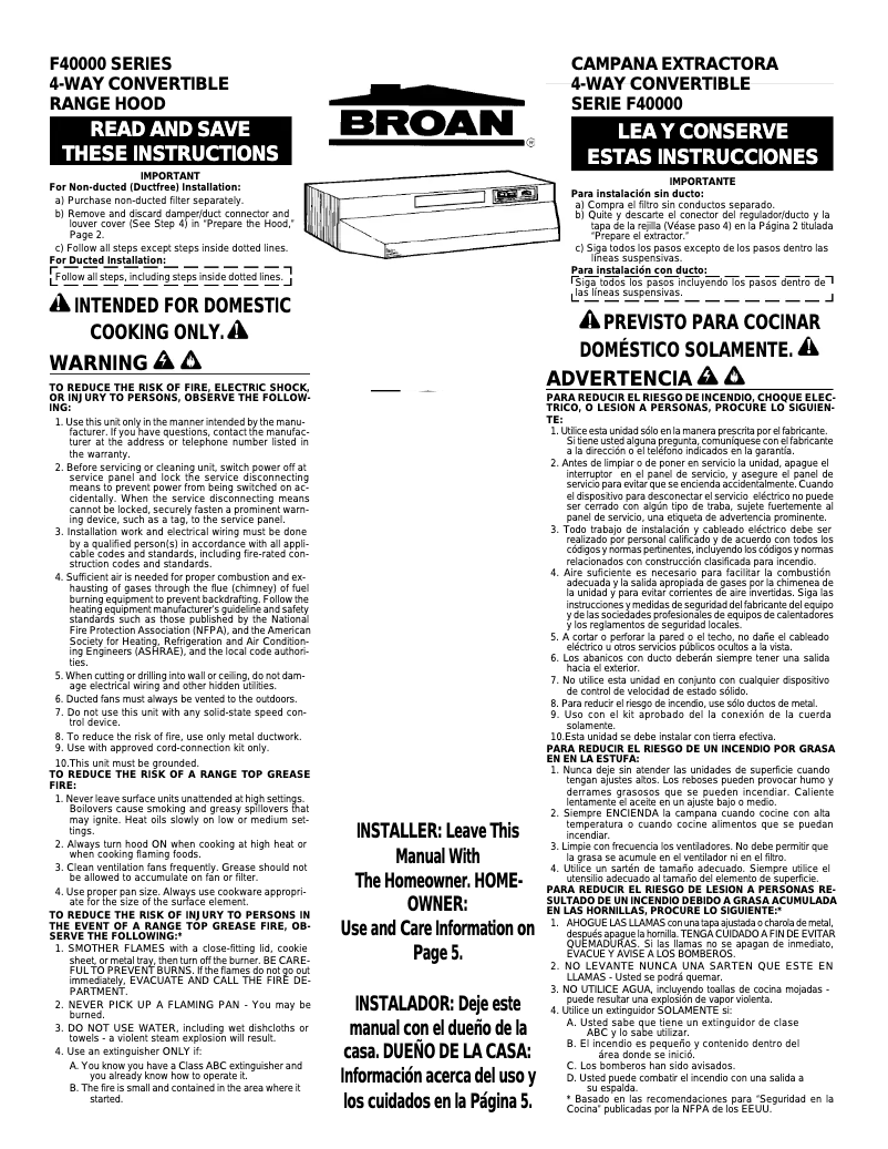 Page 1 de la notice Manuel utilisateur Broan F402404