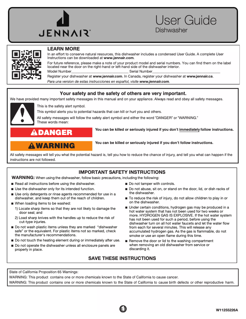 Page n°1 - Manuel utilisateur JennAir JDTSS246GM