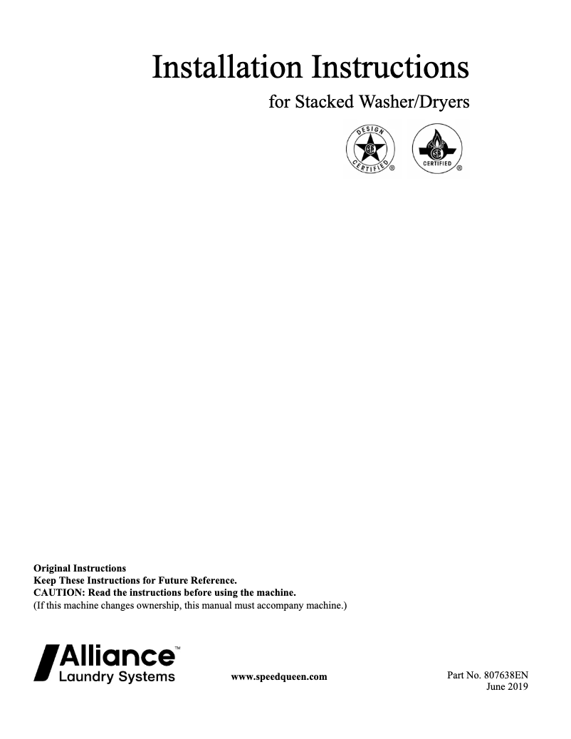 Page 1 de la notice Guide d'installation Speed Queen SF7003WG