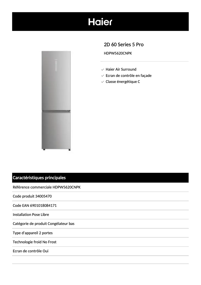 Page 1 de la notice Fiche technique Haier HDPW5620CNPK