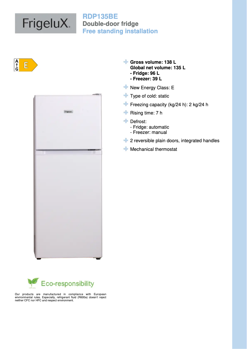 Página 1 del manual Ficha técnica FrigeluX RDP135BE