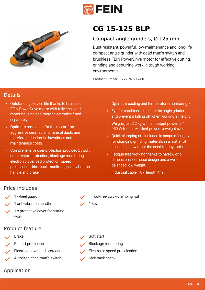 Página 1 del manual Ficha técnica Fein CG 15-125 BLP