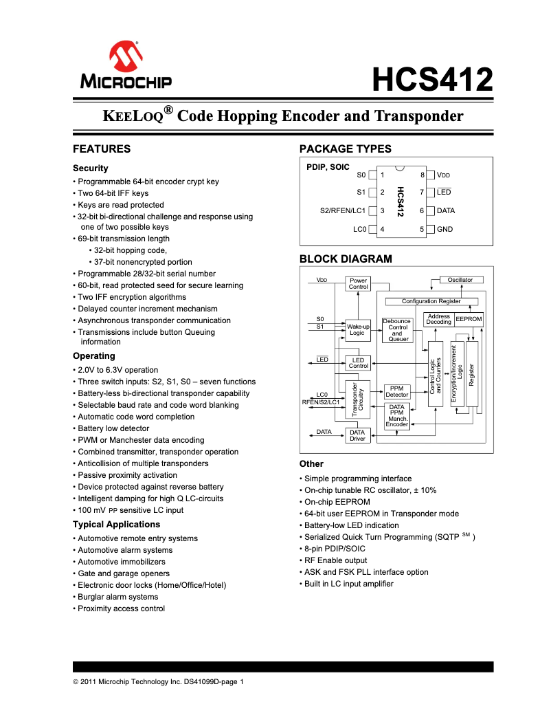 Page 1 de la notice Fiche technique Microchip HCS412