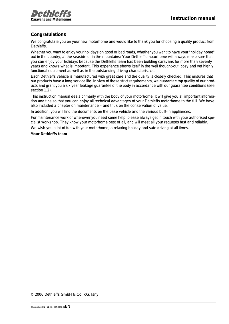 Page n°1 - Manuel utilisateur Dethleffs Motorhome Premium Class (2007)