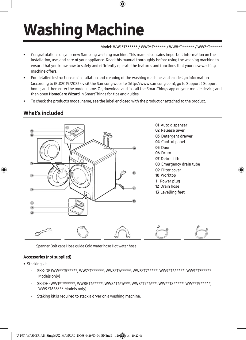 Page 1 de la notice Guide de démarrage rapide Samsung WW90T986ASH