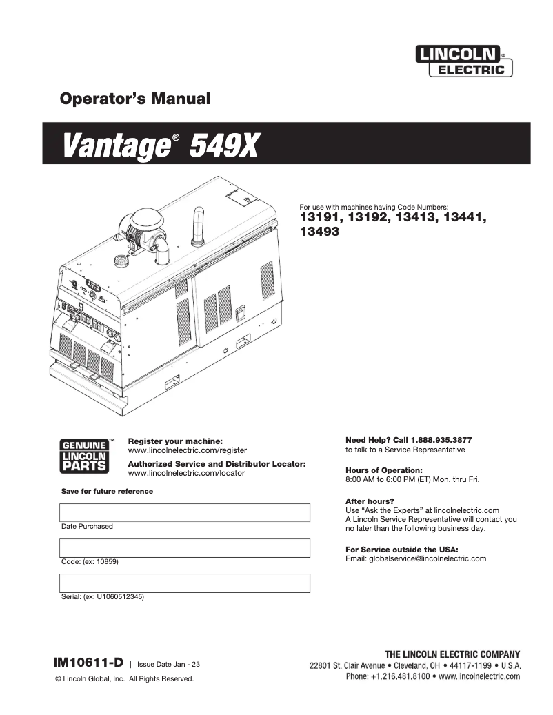 Página 1 del manual Manual de usuario Lincoln Electric Vantage 549X