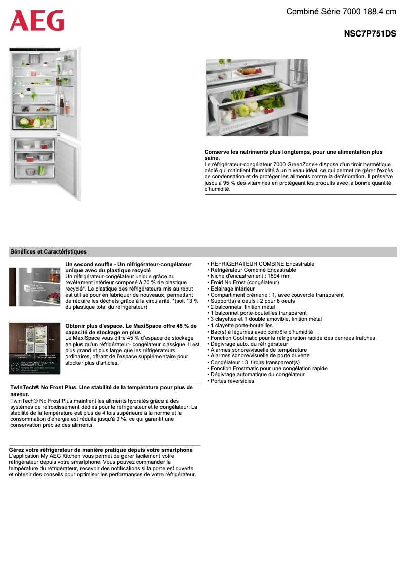 Page 1 de la notice Fiche technique AEG NSC7P751DS
