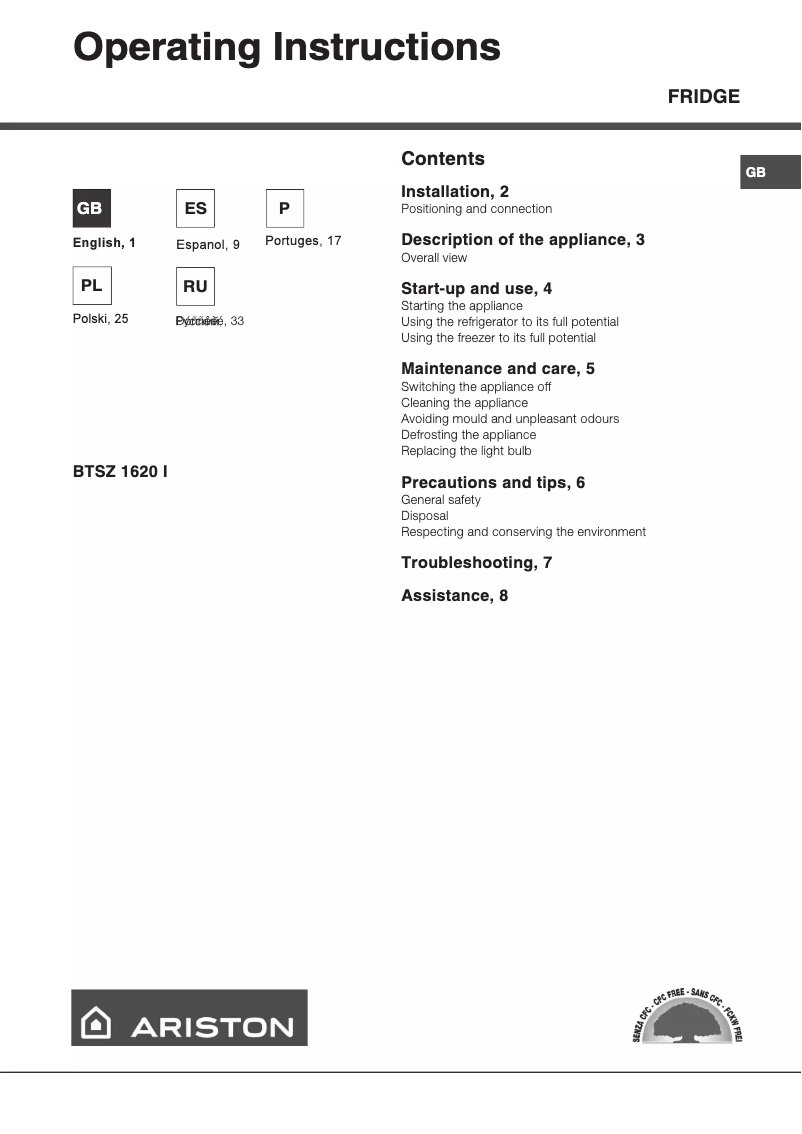 Page 1 de la notice Manuel utilisateur Hotpoint Ariston BTSZ 1620 I