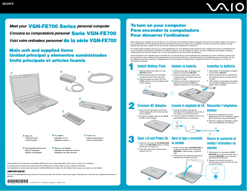 Page 1 de la notice Guide d'installation Sony Vaio VGN-FE780G
