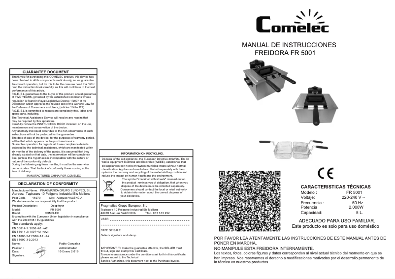 Page n°1 - Manuel utilisateur Comelec FR5001
