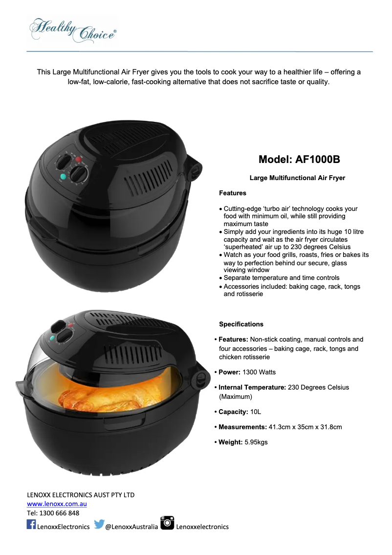 Page 1 de la notice Fiche technique Healthy Choice AF1000B