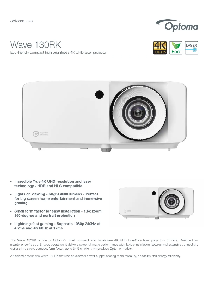 Page n°1 - Fiche technique Optoma Wave 130RK