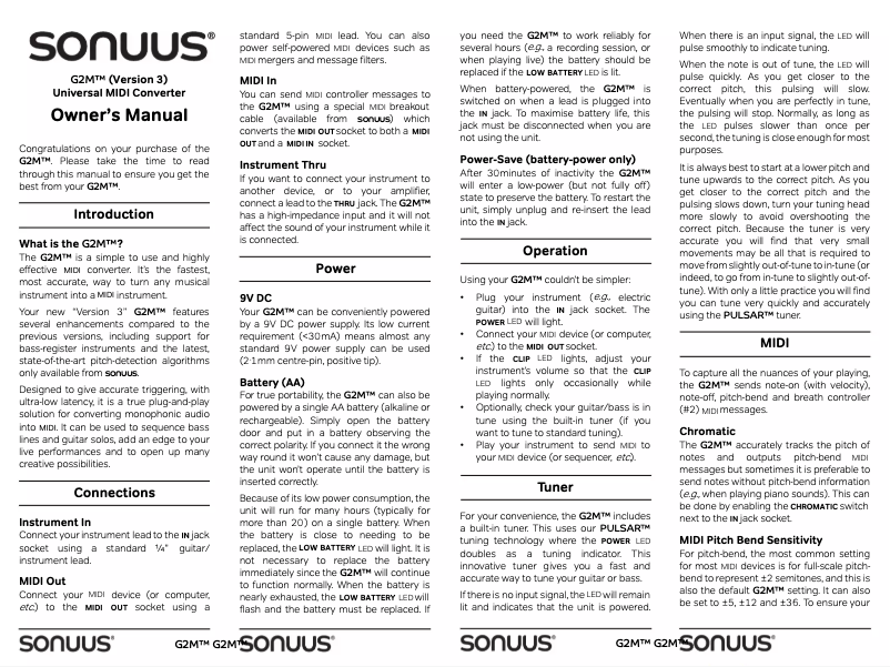 Page 1 de la notice Manuel utilisateur Sonuus G2M V3