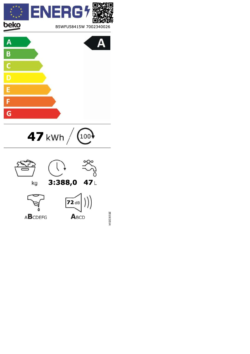 Page 1 de la notice Label énergétique Beko B5WFU58415W
