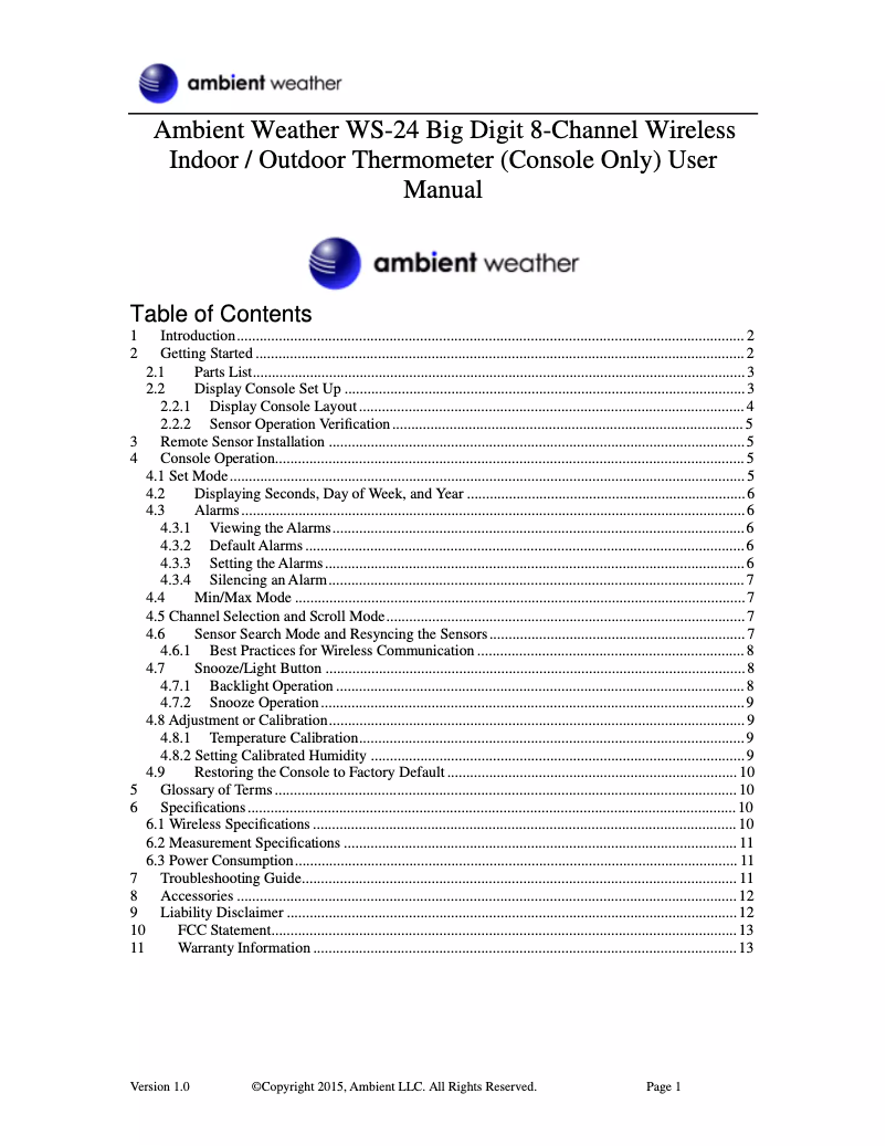 Page n°1 - Manuel utilisateur Ambient Weather WS-24-C
