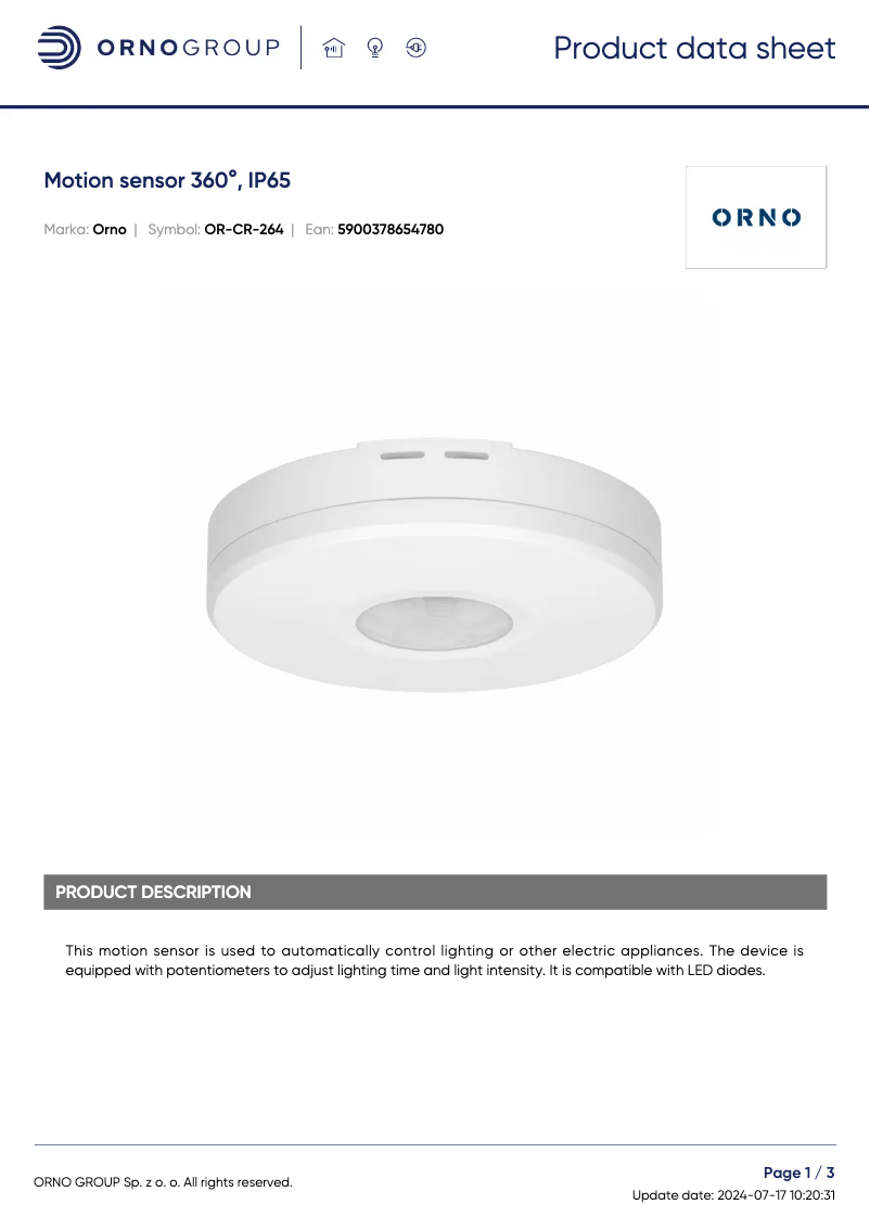 Page 1 de la notice Fiche technique ORNO OR-CR-264