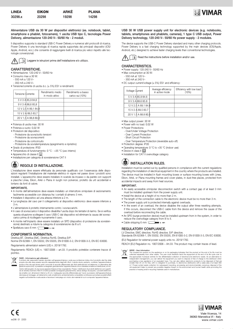 Page n°1 - Manuel utilisateur Vimar 30298.G