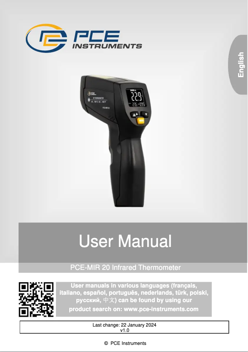 Page 1 de la notice Manuel utilisateur PCE Instruments PCE-MIR 20