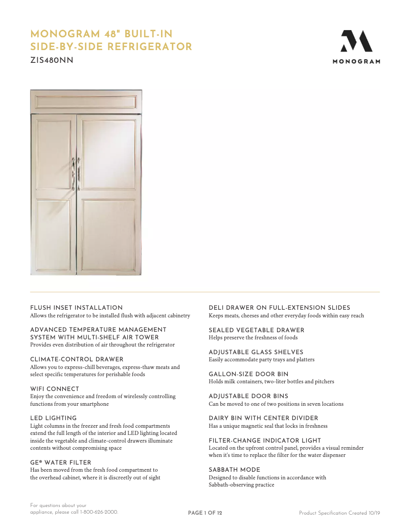 Page 1 de la notice Fiche technique Monogram ZIS480NNII