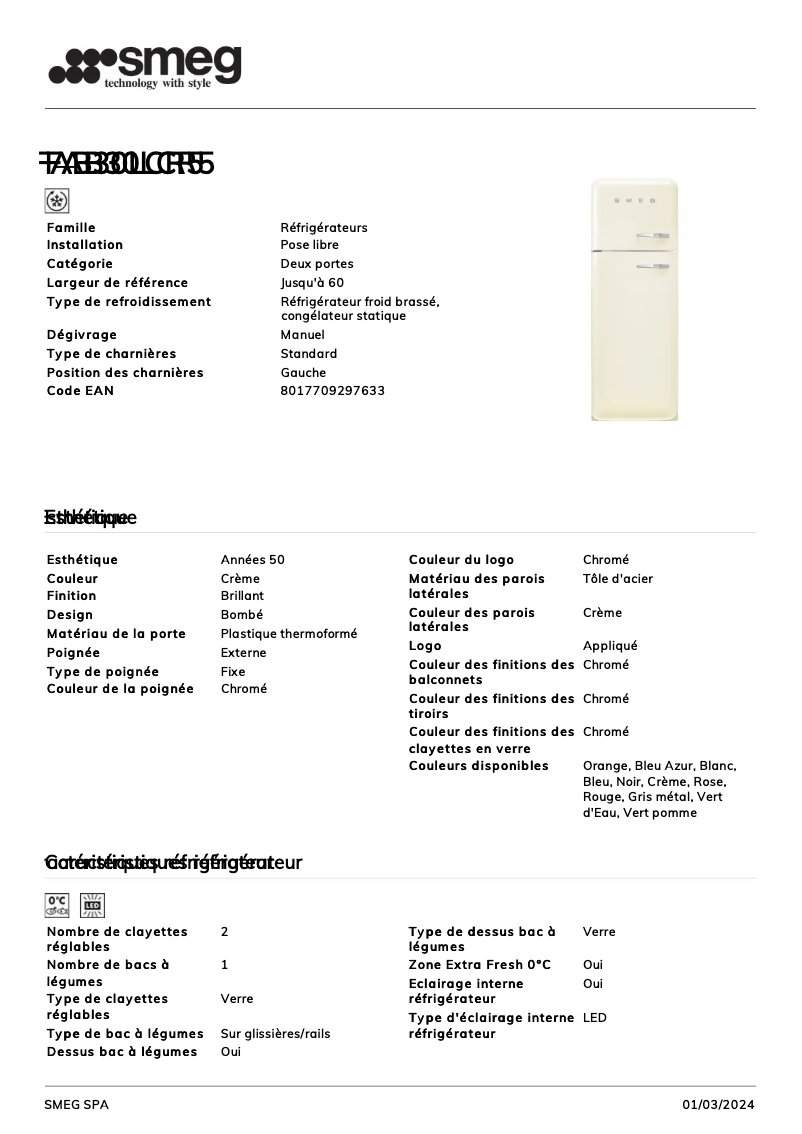 Page n°1 - Fiche technique Smeg FAB30LCR5