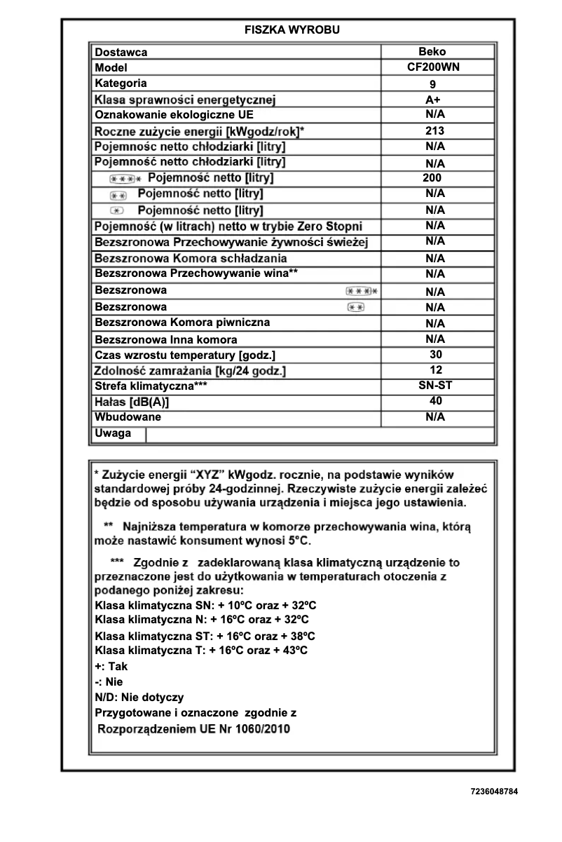 Page 1 de la notice Fiche technique Beko CF200WN