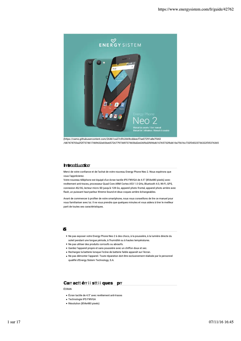 Page 1 de la notice Manuel utilisateur Energy Sistem Energy Phone Neo 2
