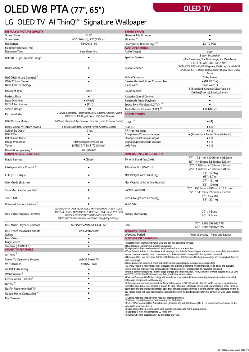 Página 1 del manual Ficha técnica LG OLED77W8PTA