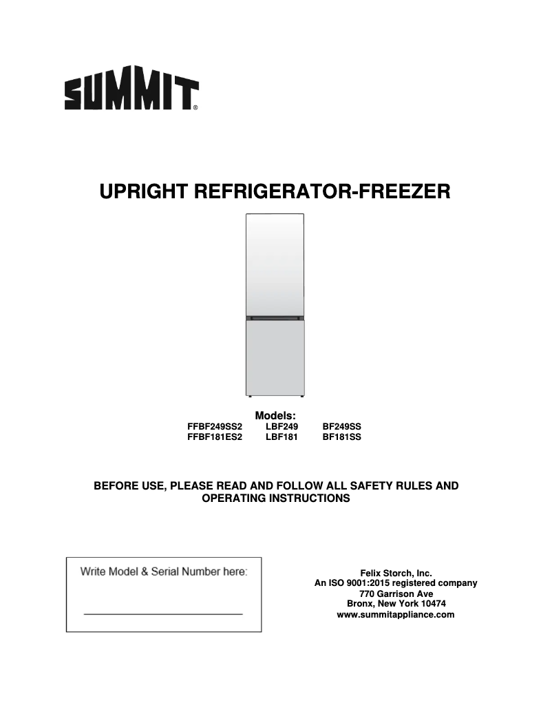 Page 1 de la notice Manuel utilisateur Summit FFBF249SS2