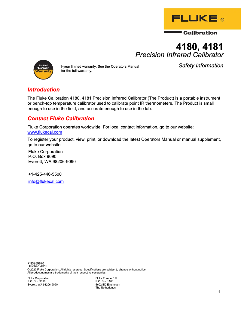 Page n°1 - Instructions de sécurité Fluke 4181